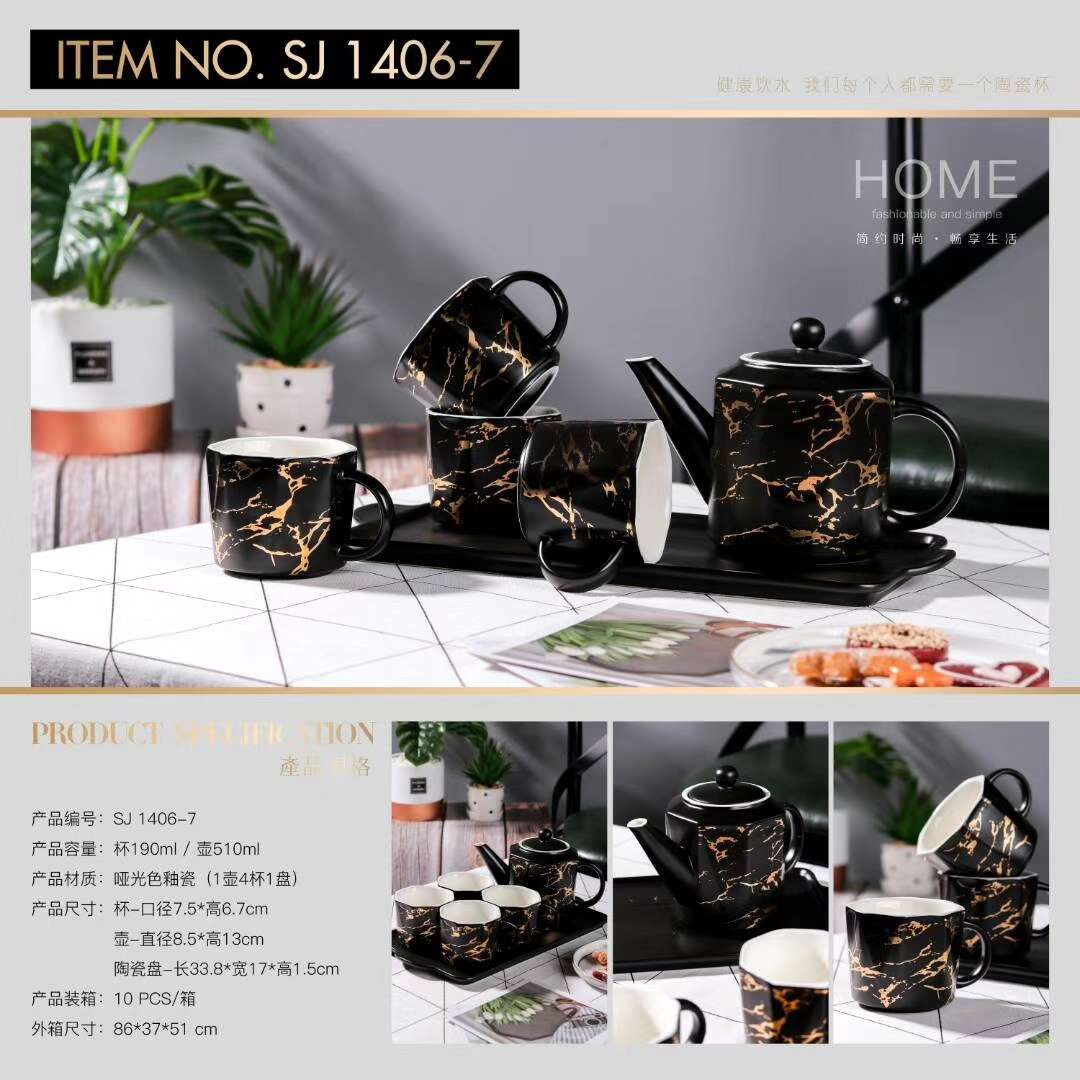 SJ1406－7  一壶四杯一托盘   黑色金色裂纹 哑光色釉瓷套装   壶510ml    杯190ml产品图
