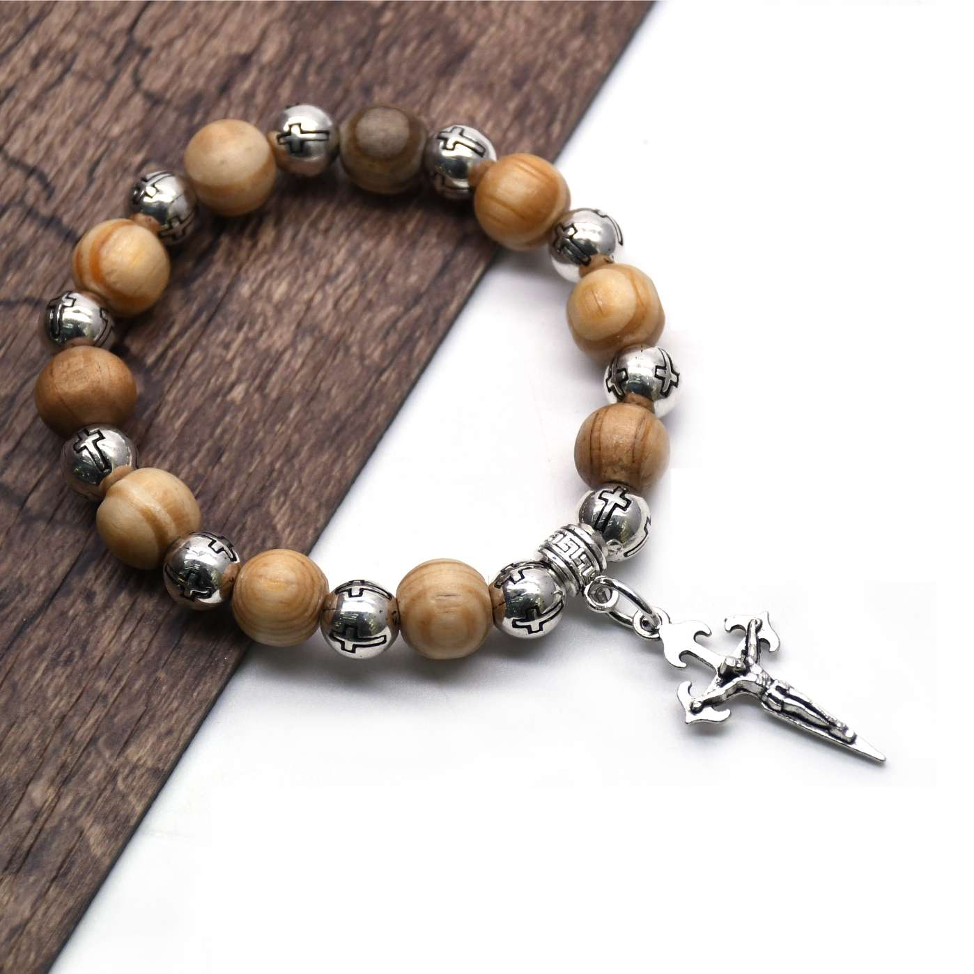 Pine wood Beads, cross beads, Virgin Mary cross bracelet, Beads Brecelet undefined