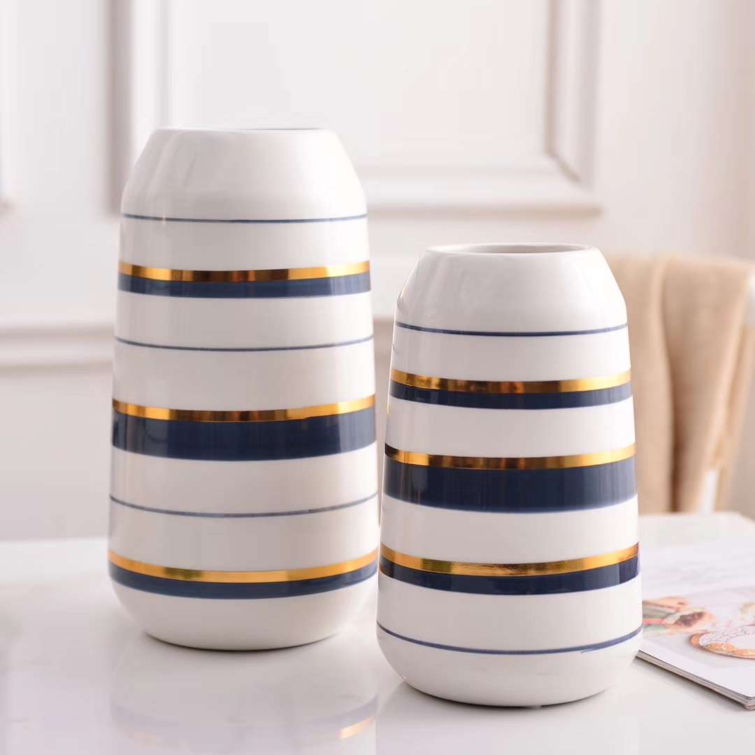 852简约现代蓝描金色陶瓷花瓶花器三件套软装家居工艺品摆件花店资材产品图