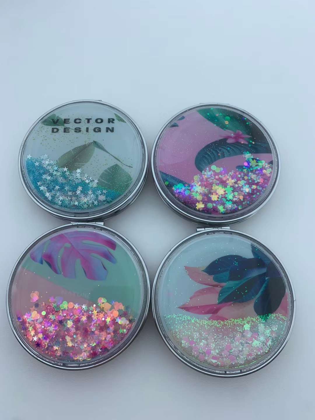 新款流沙款式绿叶图系列双面折叠便携化妆镜