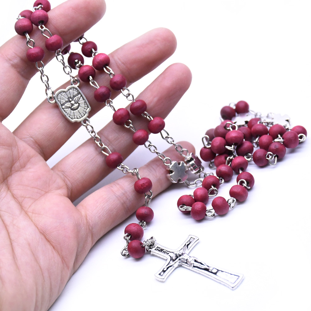 玫瑰香味酒红木珠念珠项链圣父圣母圣家庭十字架天主教念珠饰品详情图3