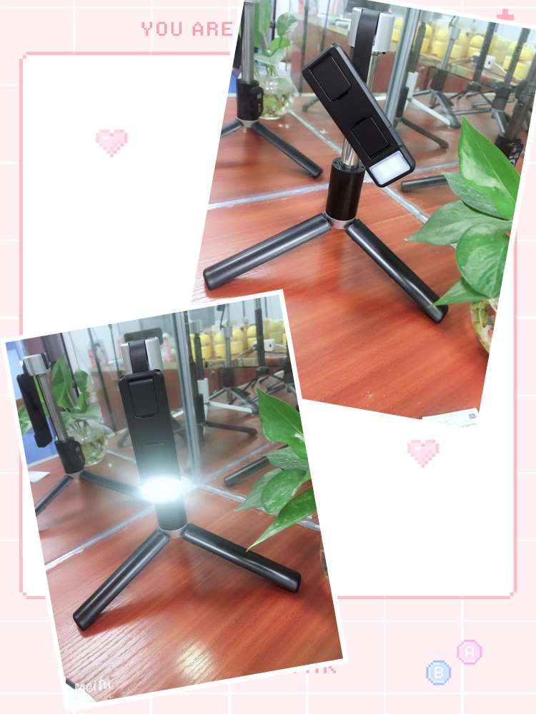 P60D补光灯自拍杆，蓝牙遥控器，三脚架
自带补光灯，三档开关调节，可充电。遥控器分离，一体三脚架，夹子可旋转横竖拍细节图