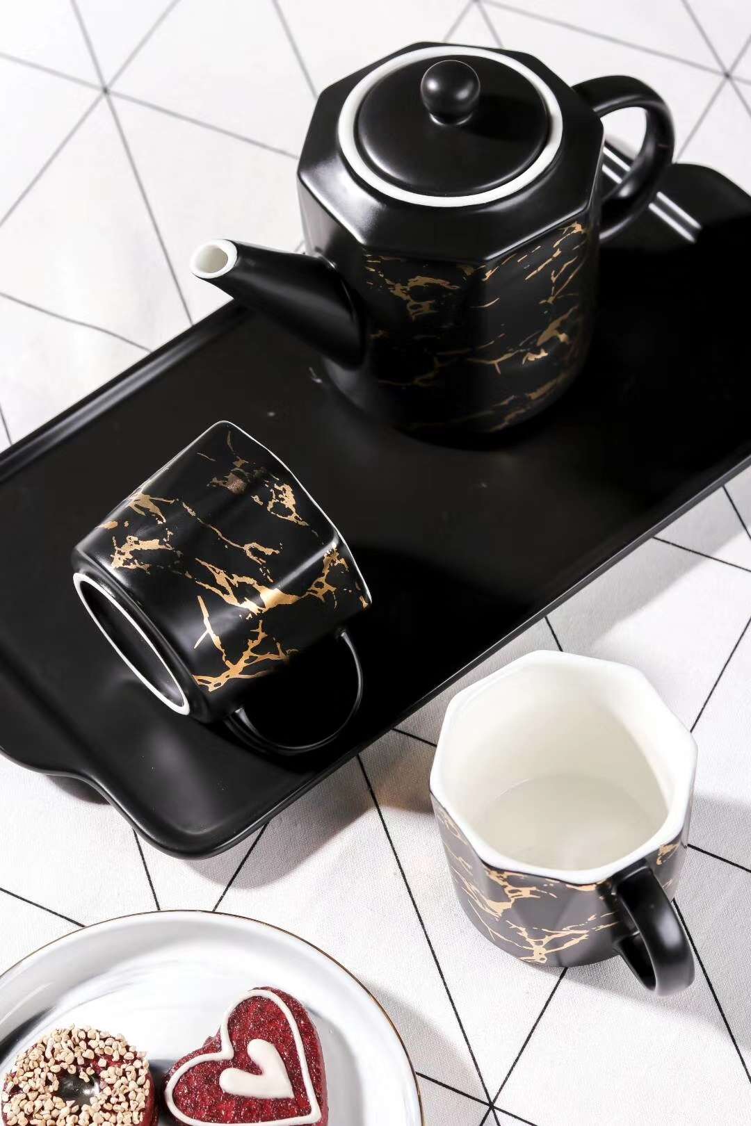 SJ1406－7  一壶四杯一托盘   黑色金色裂纹 哑光色釉瓷套装   壶510ml    杯190ml细节图