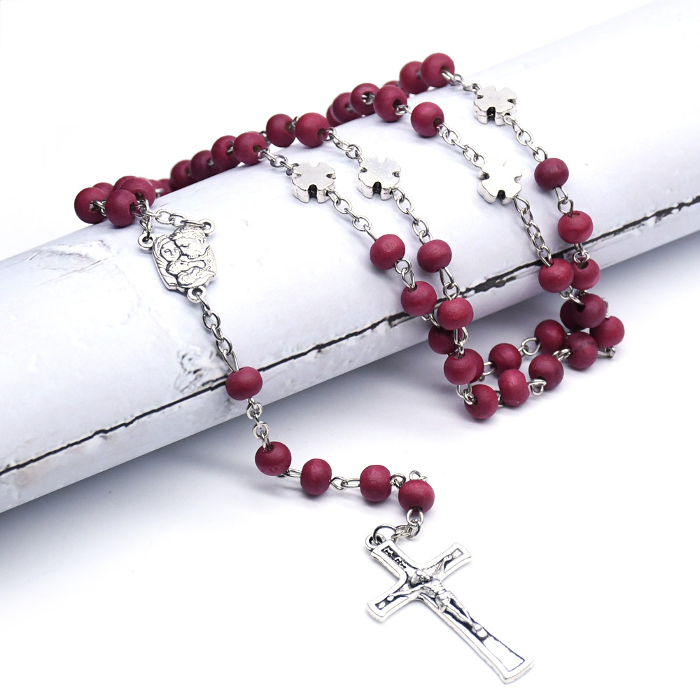 玫瑰香味酒红木珠念珠项链圣父圣母圣家庭十字架天主教念珠饰品详情图2