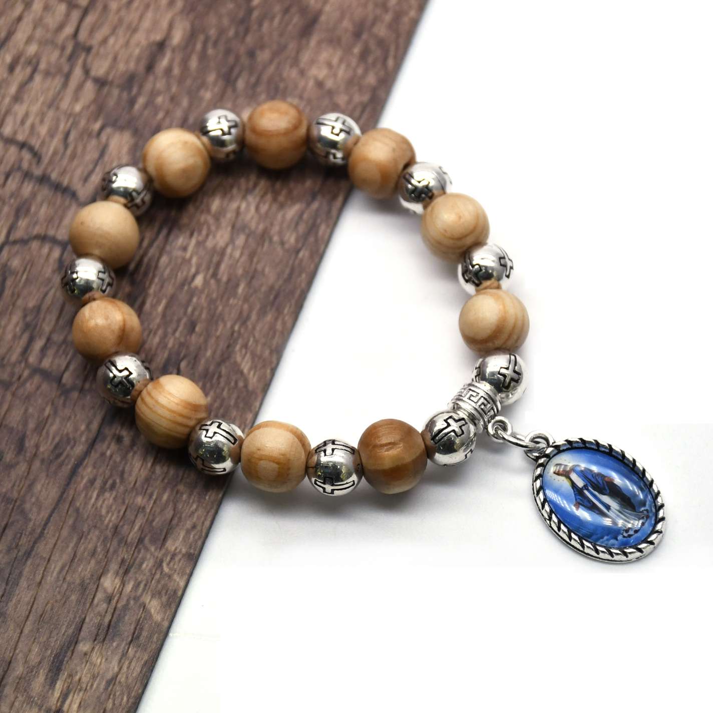 Pine wood Beads, cross beads, Virgin Mary cross bracelet, Beads Brecelet undefined