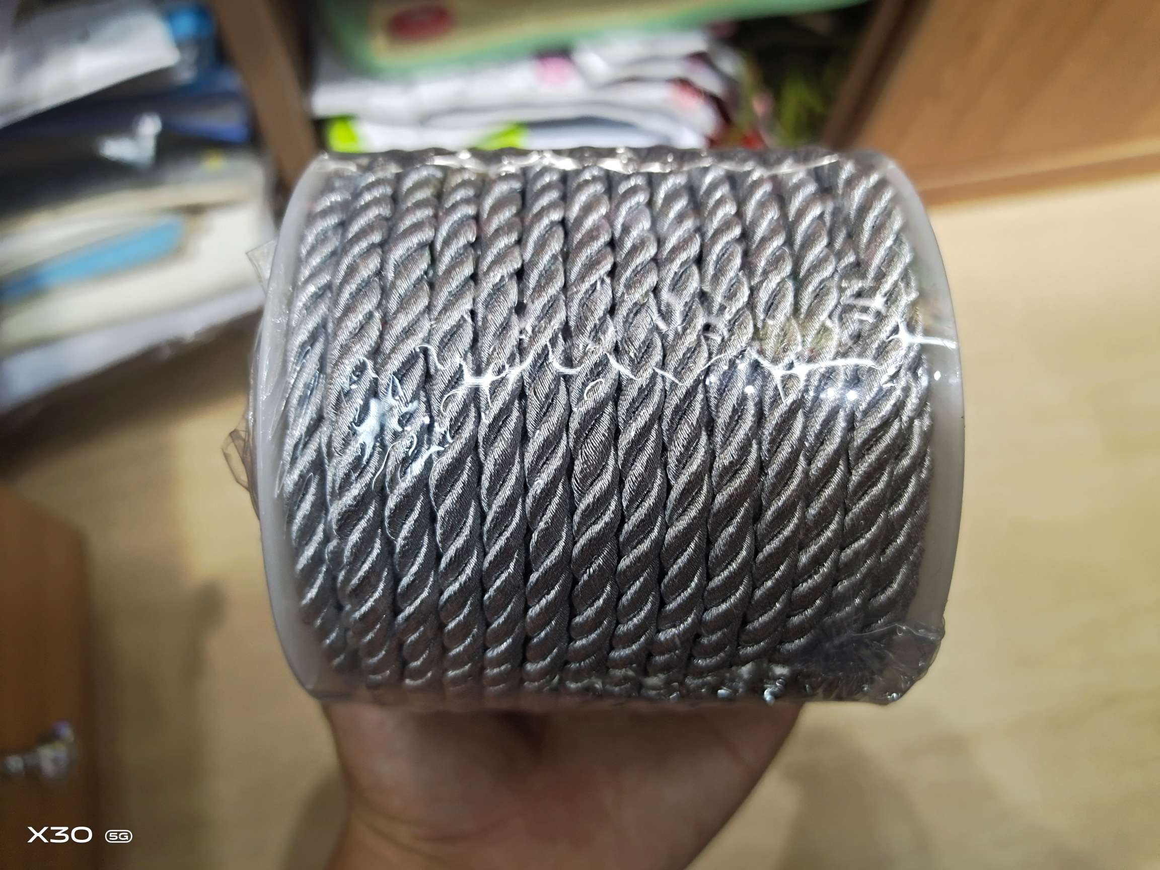 6mm silver wire polyester three-strand rope, clothing accessory rope and decorative rope details Picture