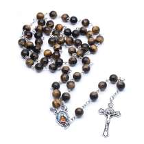High grade natural stone tiger eye stone beads crucifix beads necklace prayer beads Christ Jesus treasures