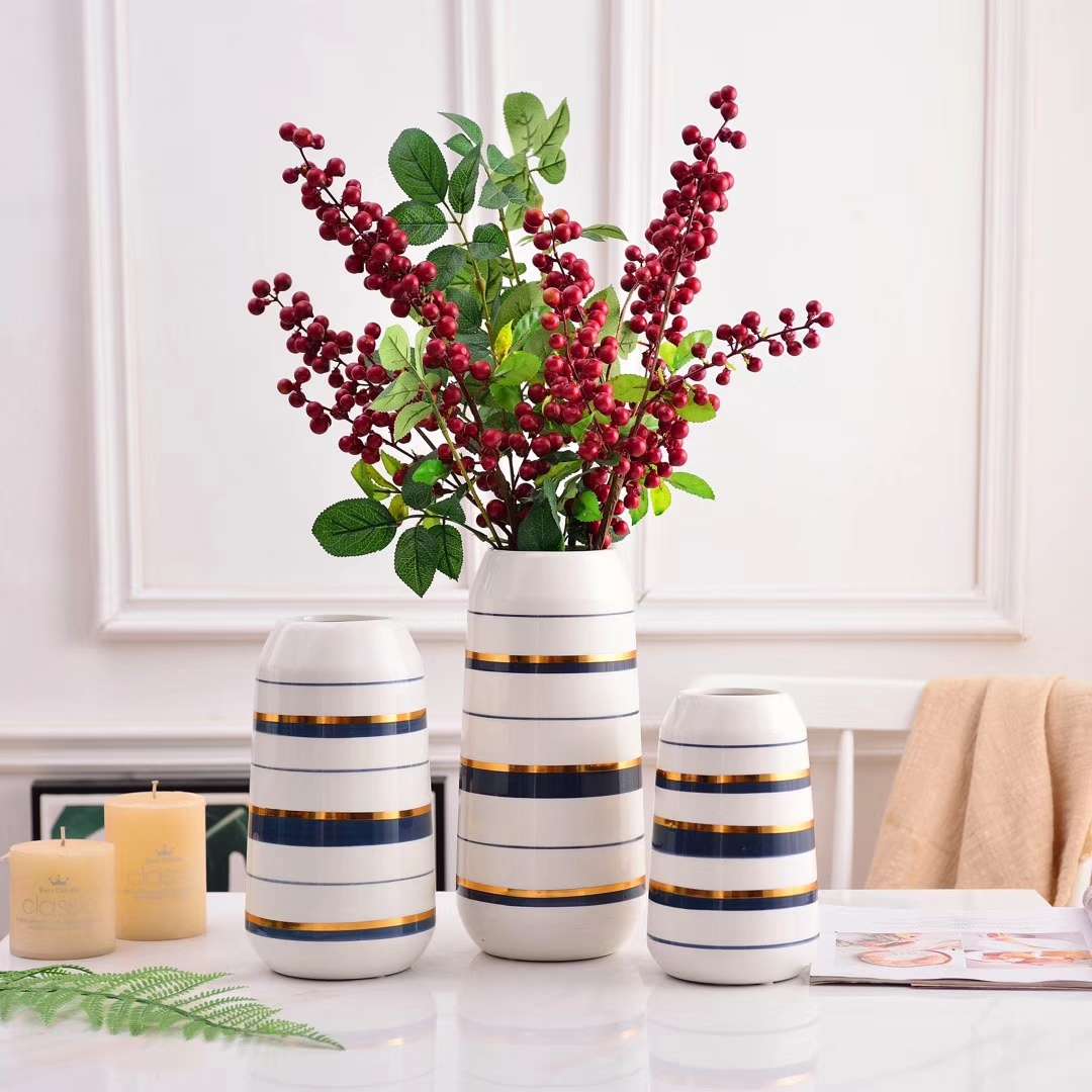 852简约现代蓝描金色陶瓷花瓶花器三件套软装家居工艺品摆件花店资材