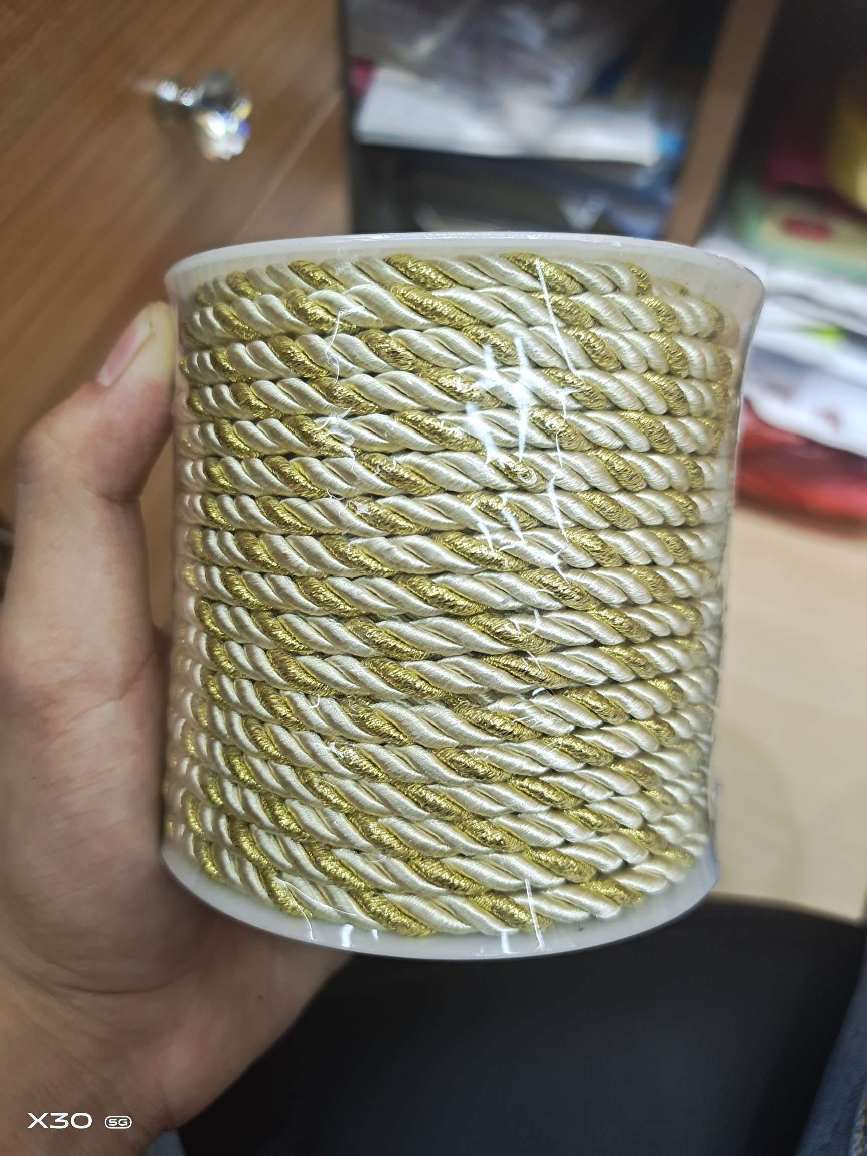 5mm bright yellow + gold polyester three-strand rope for clothing accessory rope and decorative rope, 25 meters per cylinder