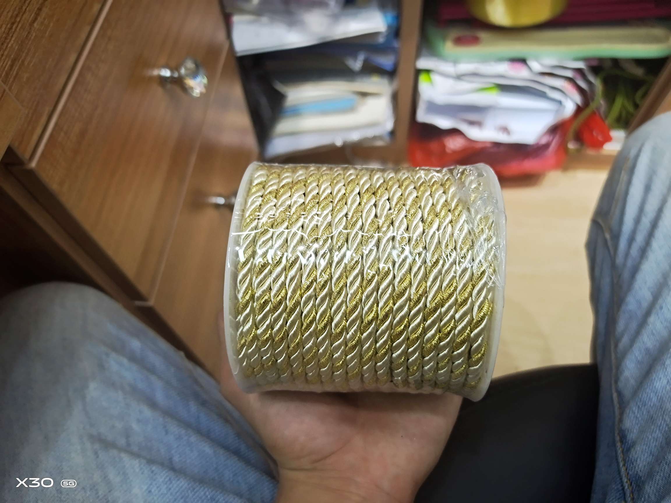 5mm bright yellow + gold polyester three-strand rope for clothing accessory rope and decorative rope, 25 meters per cylinder details Picture