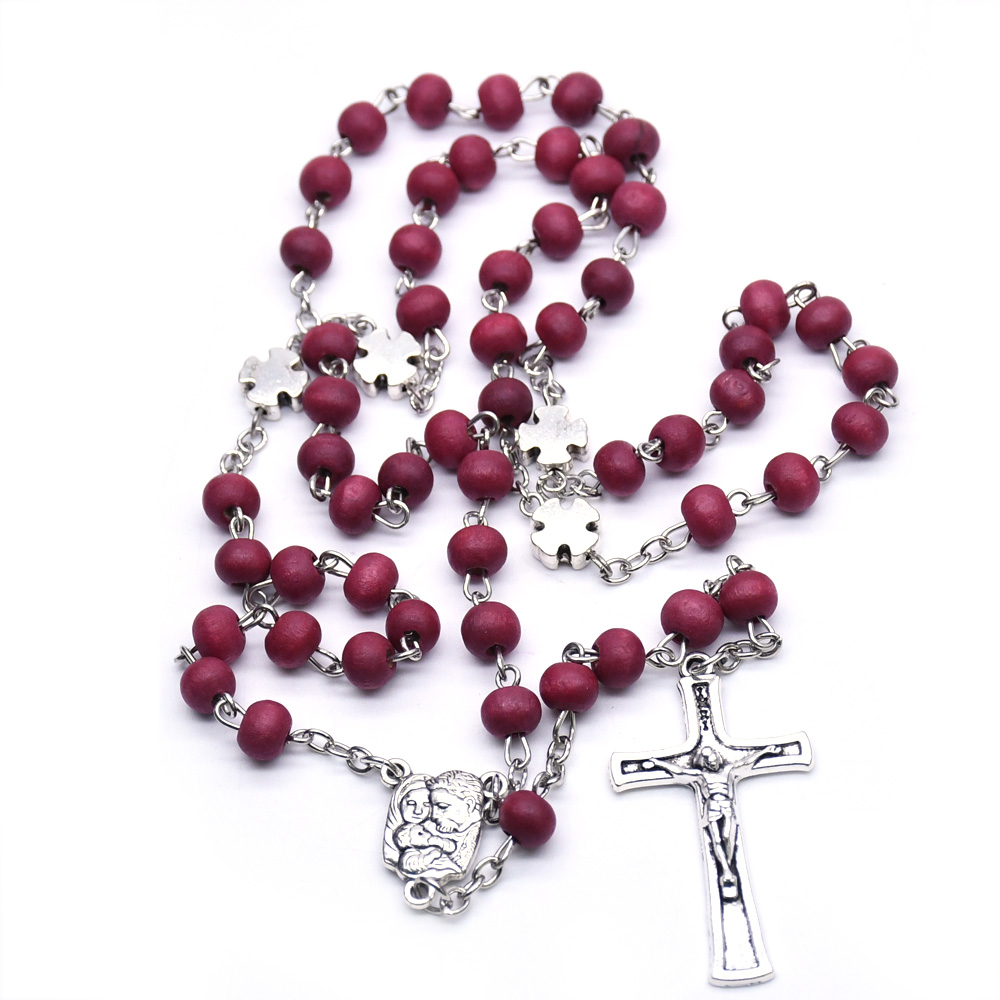 玫瑰香味酒红木珠念珠项链圣父圣母圣家庭十字架天主教念珠饰品详情图5