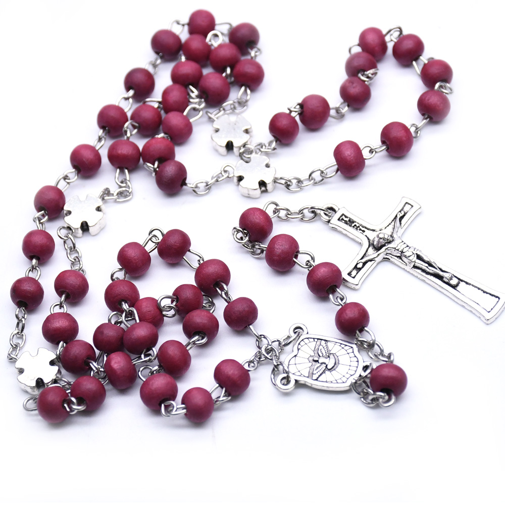 玫瑰香味酒红木珠念珠项链圣父圣母圣家庭十字架天主教念珠饰品详情图6