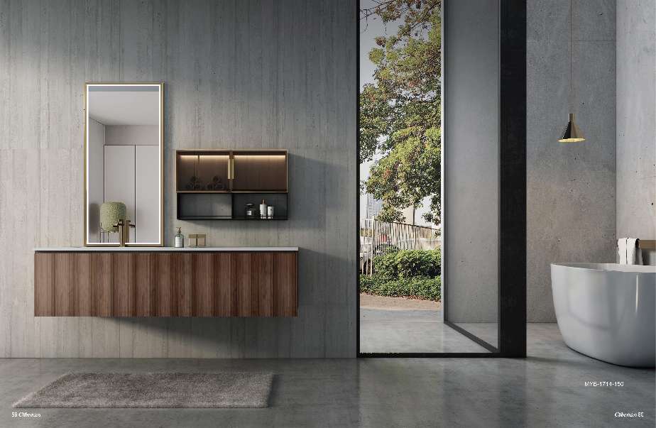 水立方浴室柜轻奢系列马来西亚橡胶木+多层实木浅胡桃色浴室柜图
