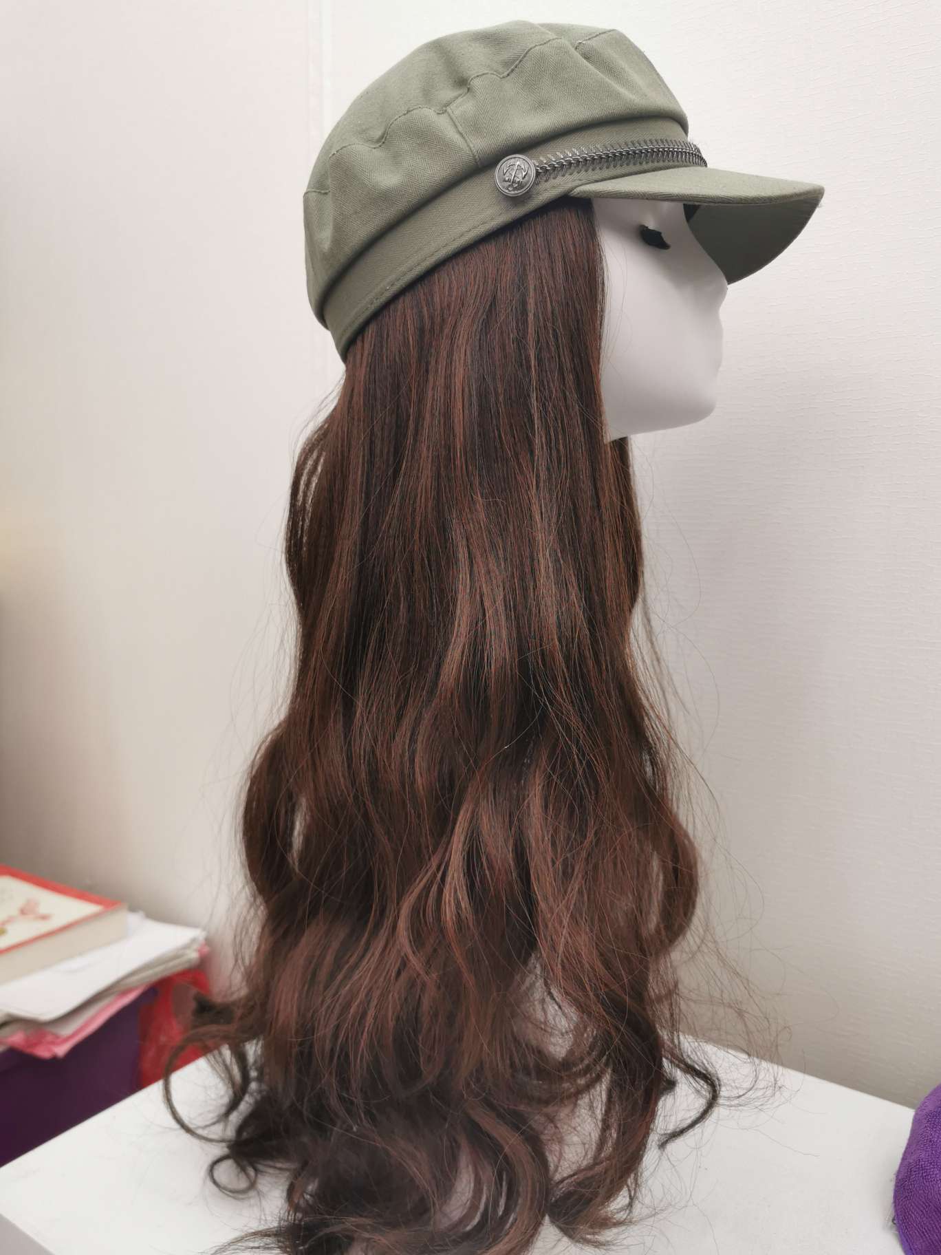 All-matte silk hat wig, popular matcha octagonal hat, brown curly style Application Scenario