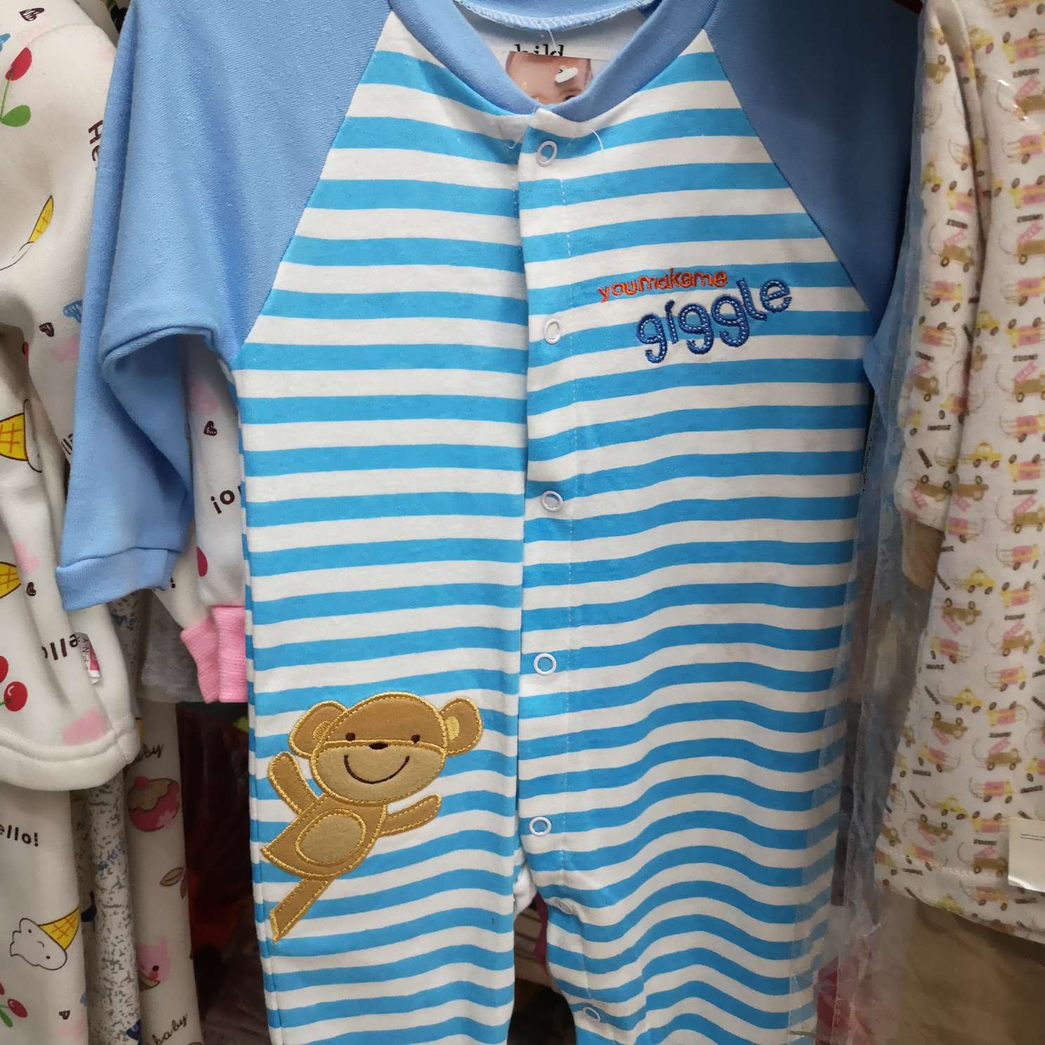 Children's underwear set, striped pure cotton thermal underwear, baby 1-3-5 years old, long-sleeved, shoulder-buttoned cartoon thermal underwear