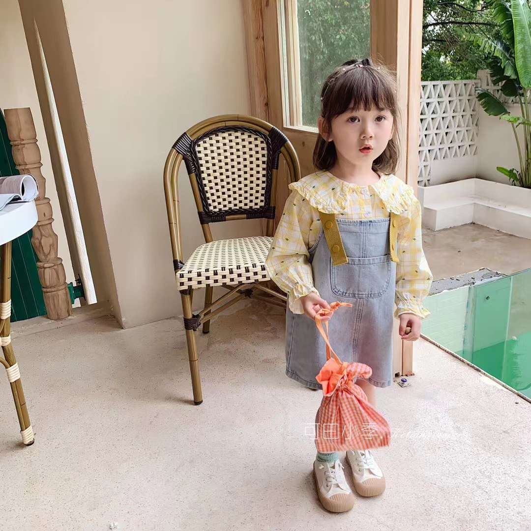 女童背带裤蓝色水洗修身长款背带裤细节图