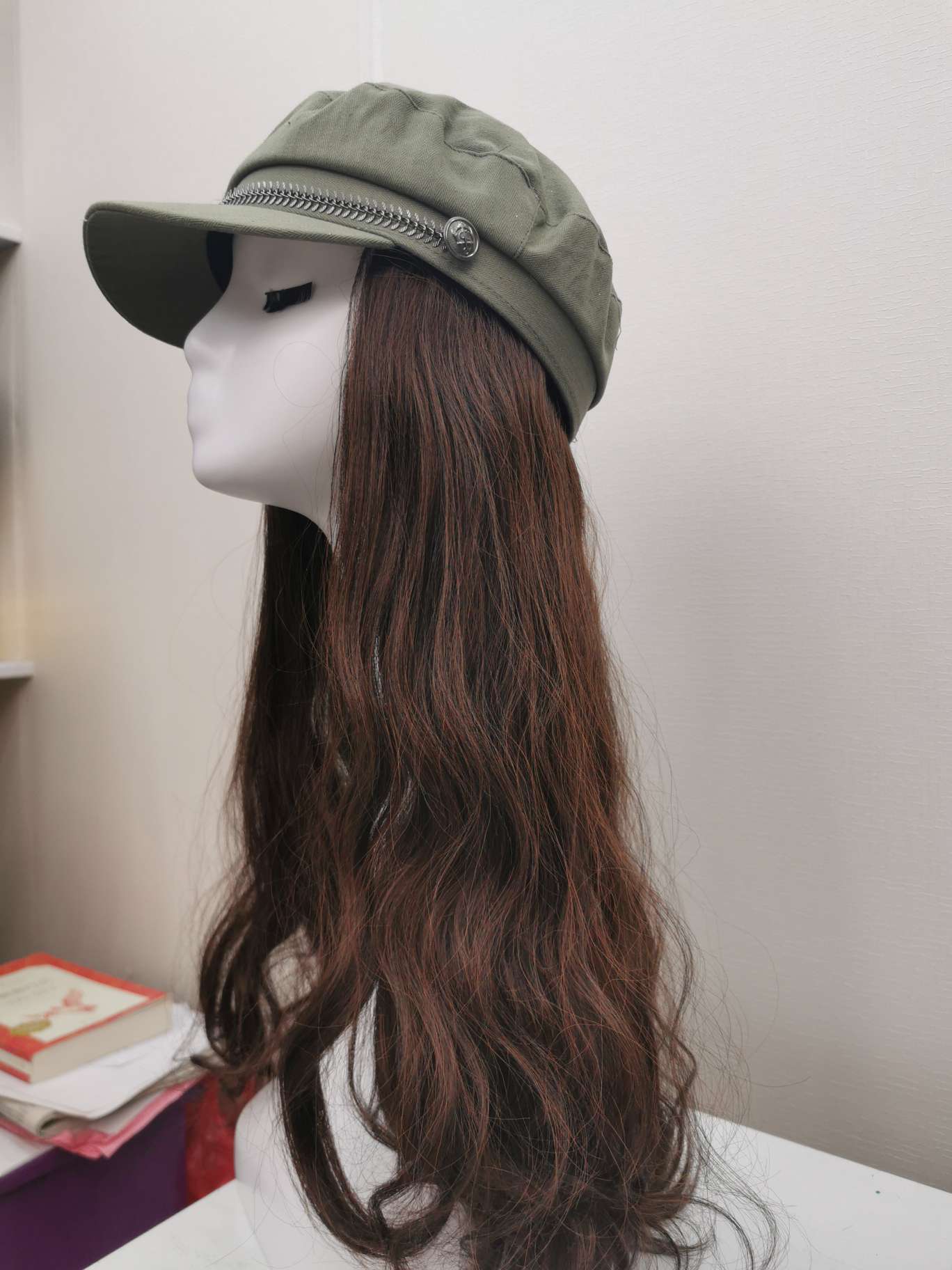All-matte silk hat wig, popular matcha octagonal hat, brown curly style Item Picture