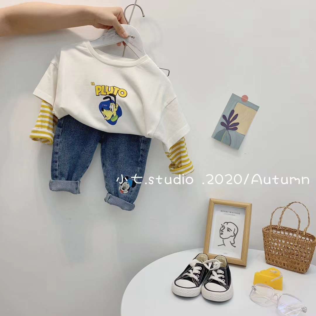 卡通印花抽肩袖卫衣，牛仔裤套装