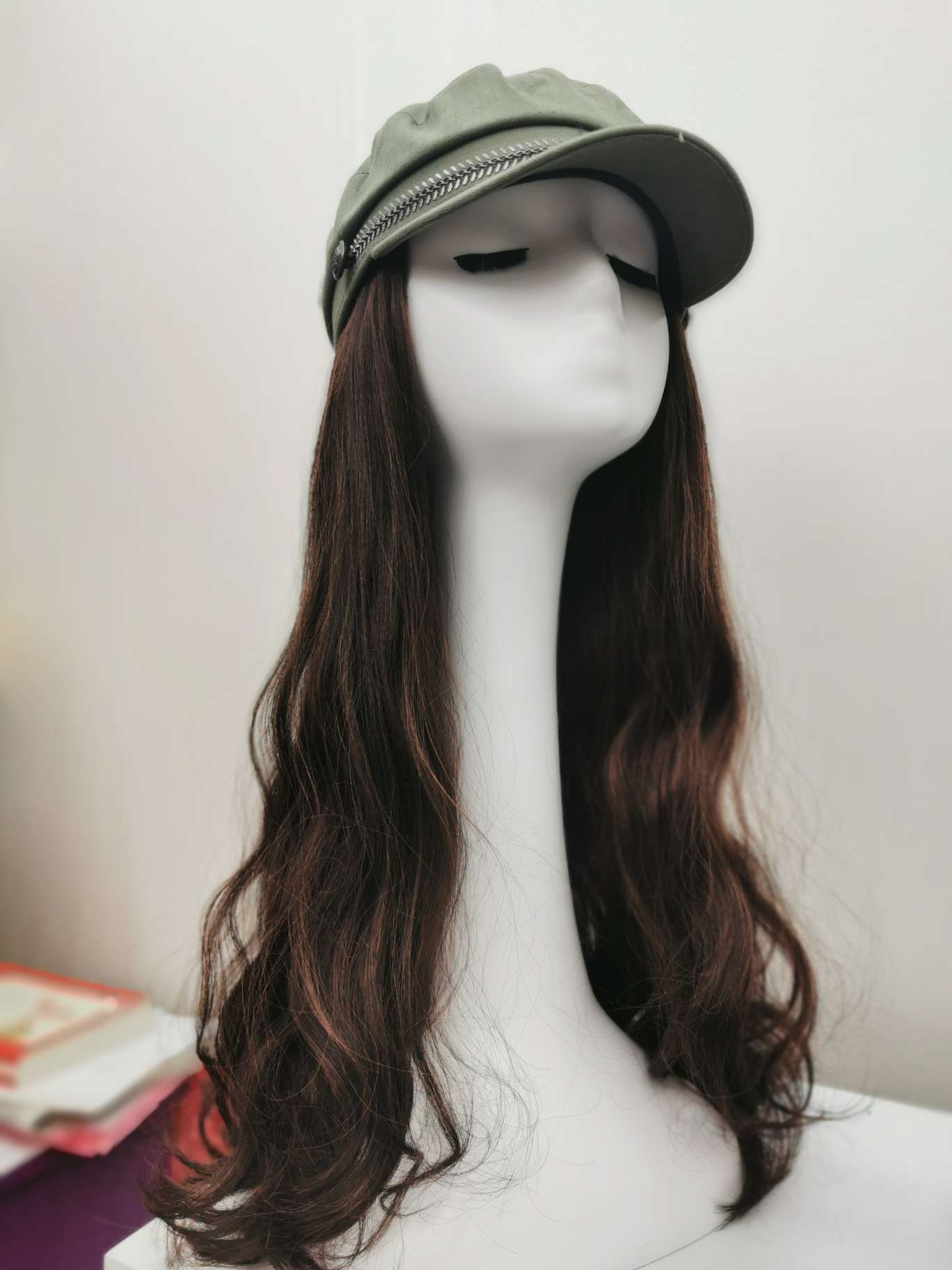 All-matte silk hat wig, popular matcha octagonal hat, brown curly style Specification image