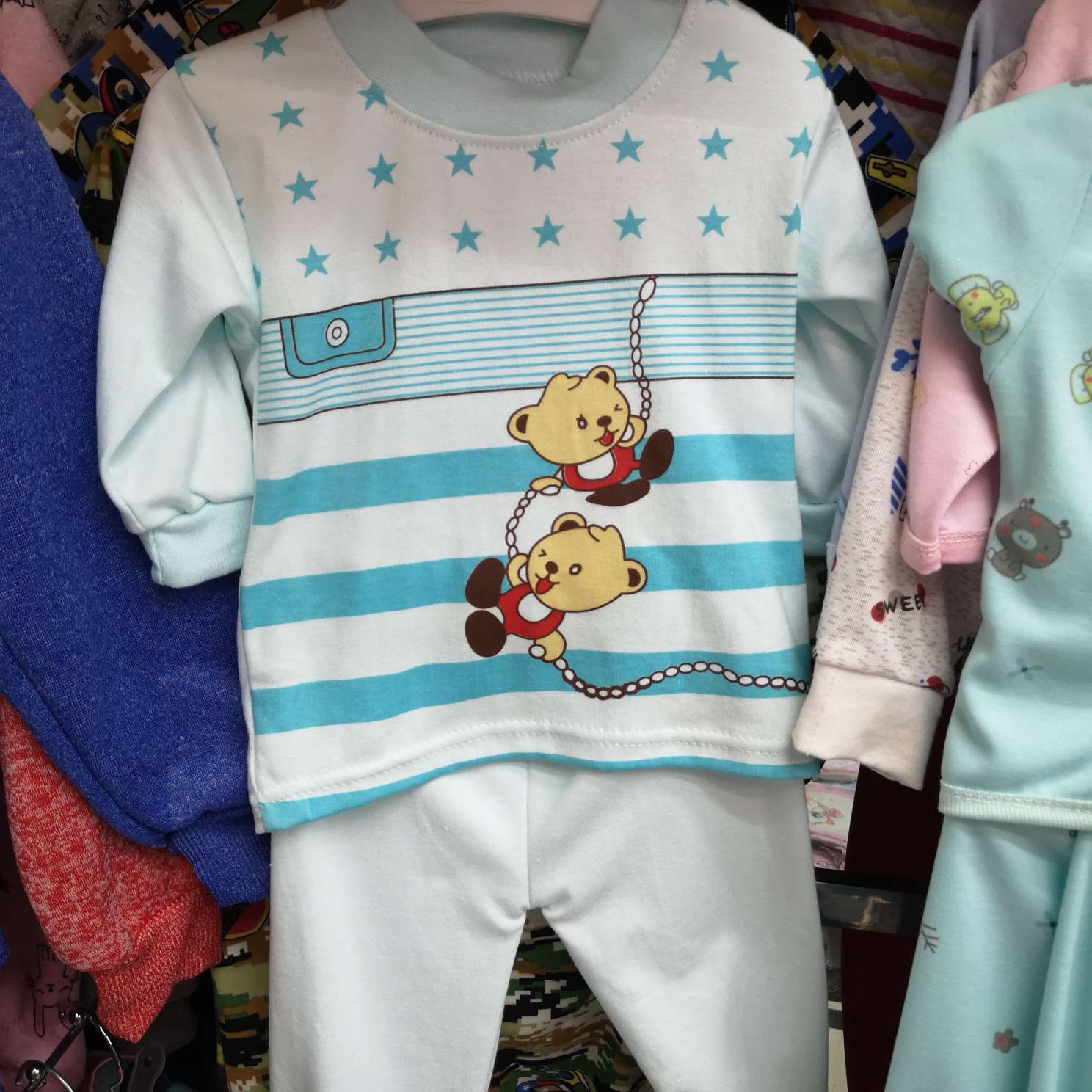 Children's underwear, little bear pattern set, pure cotton thermal underwear, baby 1-3-5 years old, long-sleeved shoulder buckle cartoon thermal underwear