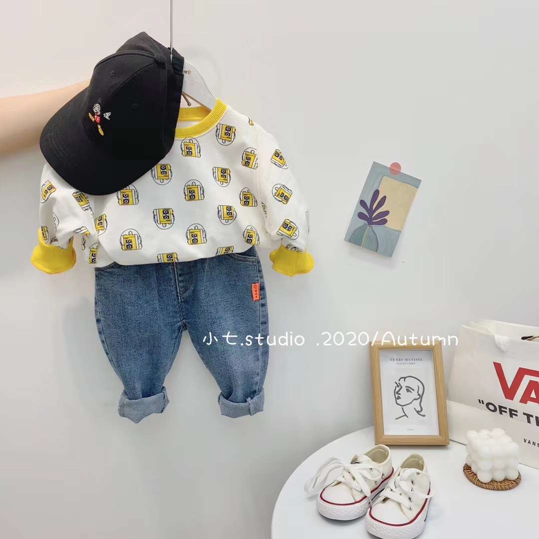 卡通印花套头卫衣牛仔裤套装