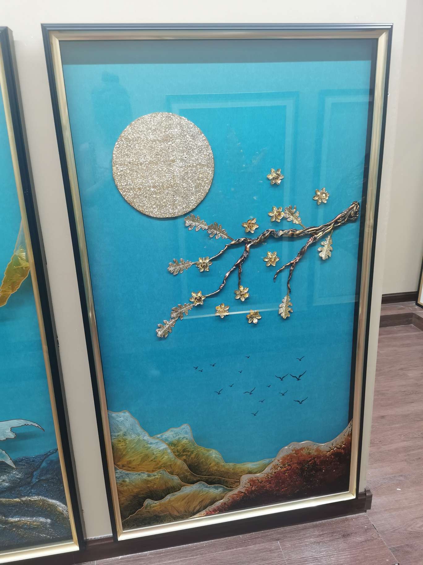 月下花现代轻奢餐厅玄关墙画抽象金色简约创意六边形新房客厅走廊装饰画