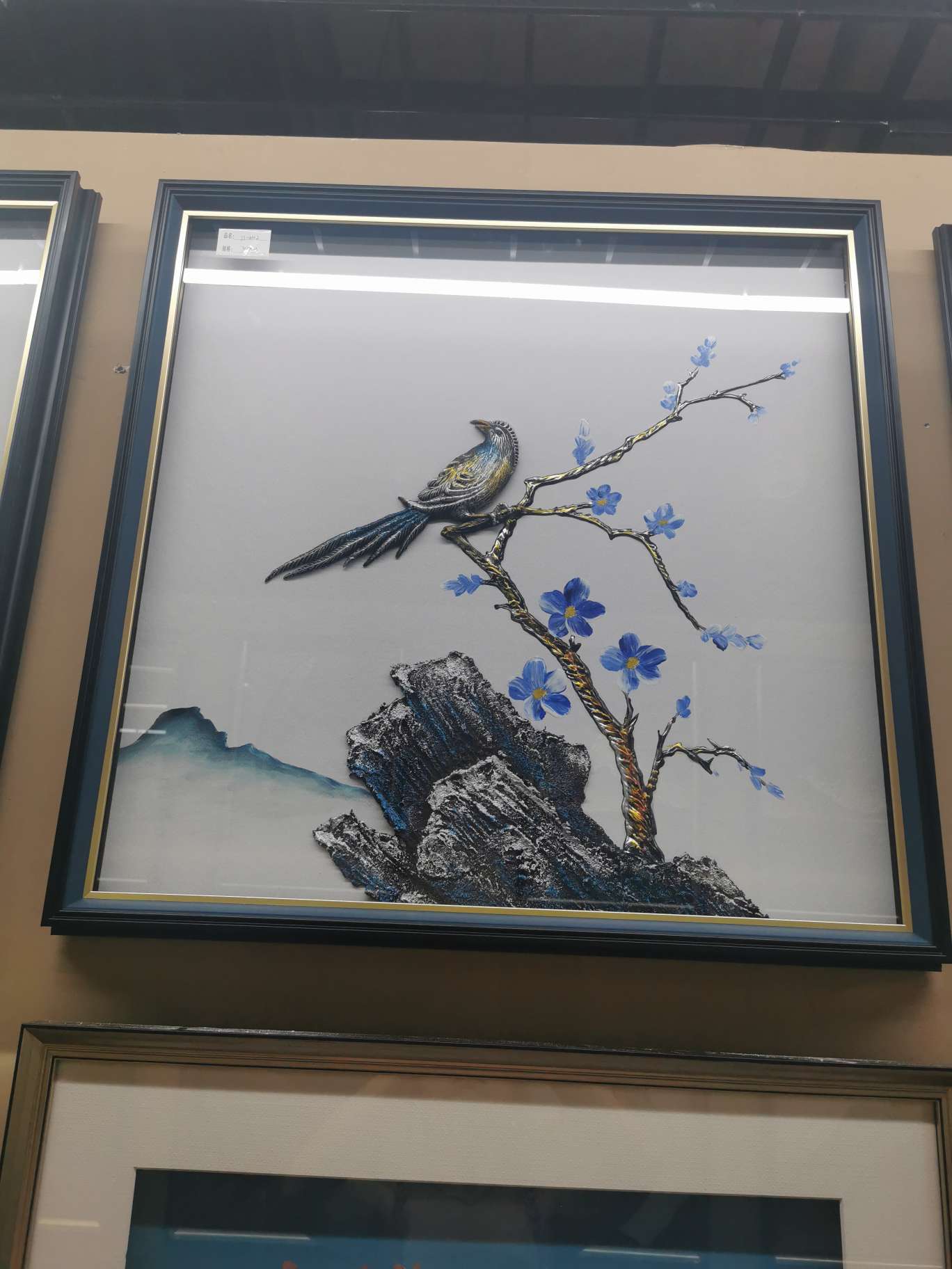 中国画鸟现代玄关装饰挂画实物立体画大气新复古别墅酒店软装金属