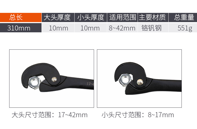 Universal Wrench With Spring Hand Multifunctional Double-Ended Manual Quick Large Opening Ratchet Wrench Auto Repair Tool Set Specification drawing
