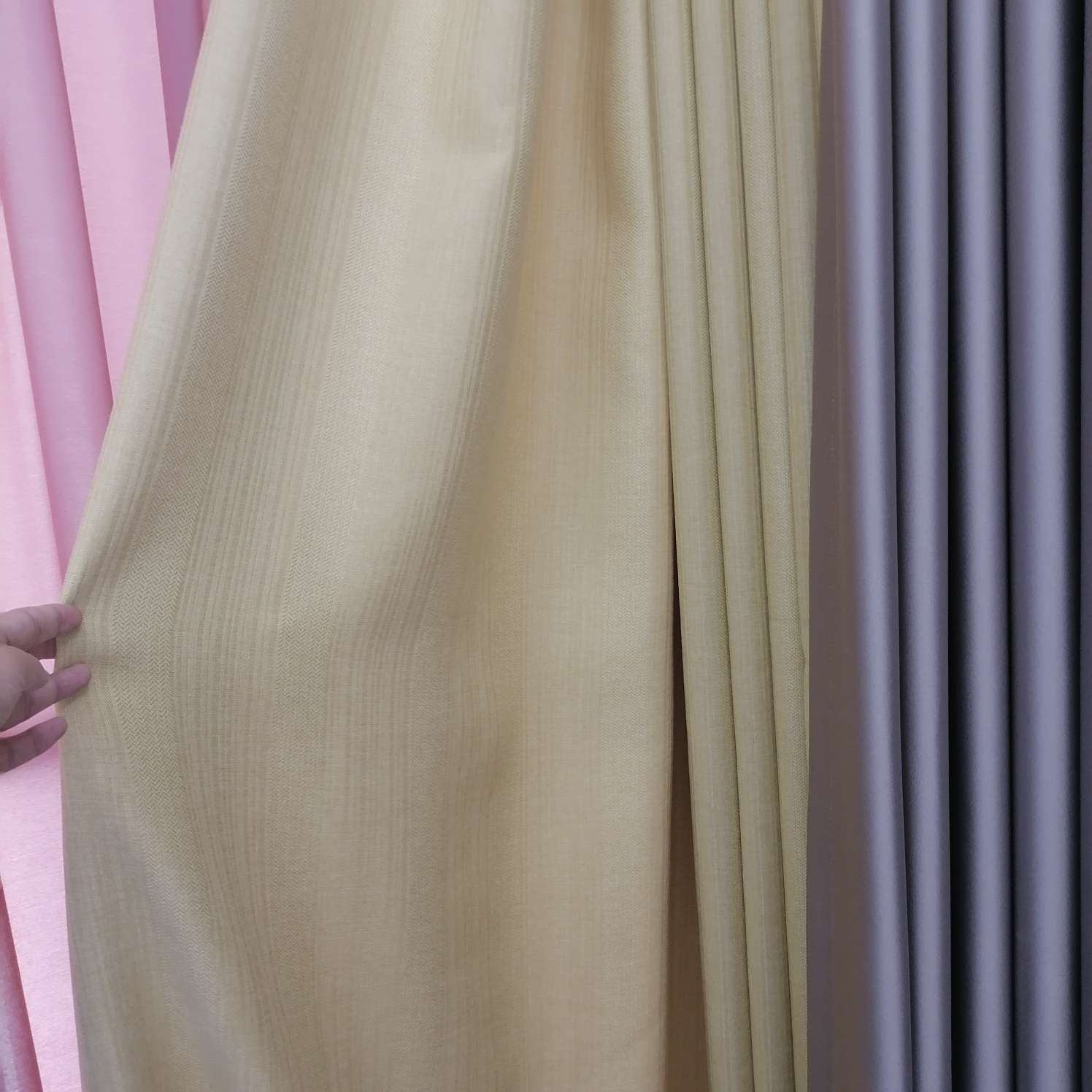 The linen curtain fabric is beige