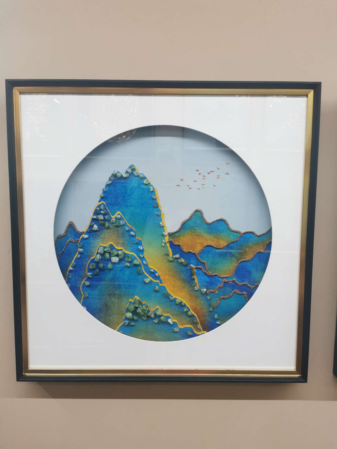 原蓝色山水现代轻奢餐厅玄关墙画抽象金色简约创意六边形新房客厅走廊装饰画