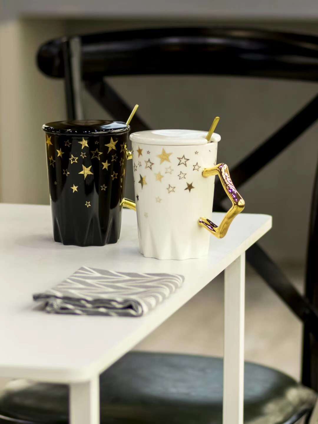 Sj1481-2 460ml gold-plated star ceramic Cup bright glaze ceramic cup ceramic cover gold-plated steel spoon gold-plated star handle thumbnail