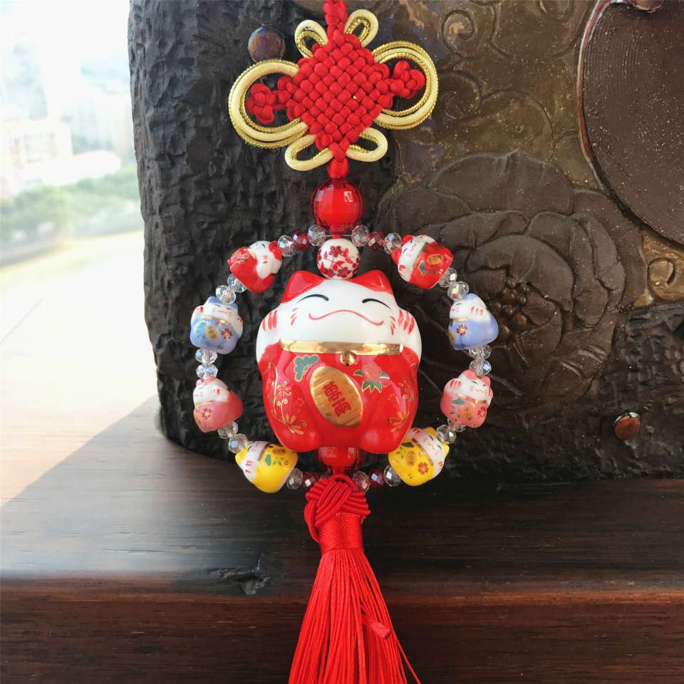 Ceramic car hanging ceramic pendant handmade jewelry clay fortune cat car hanging thumbnail