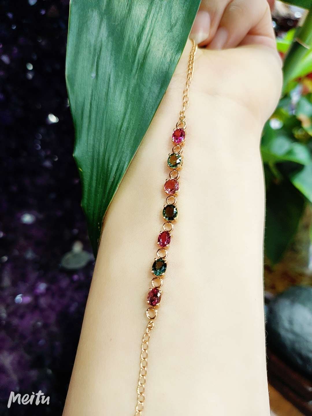 巴西天然水晶  18K金镶钻碧玺手链_1