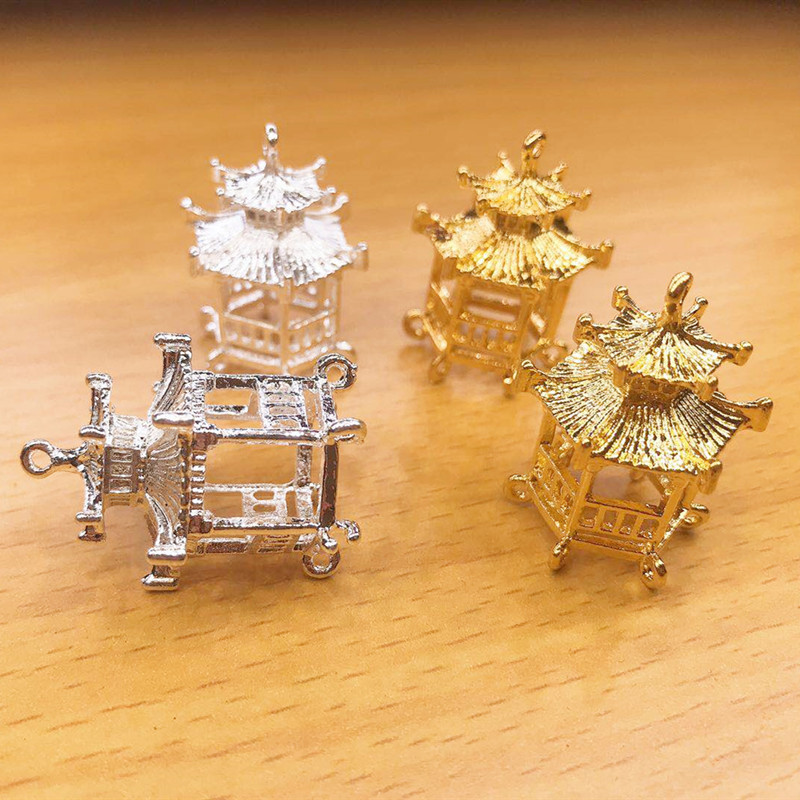 源头厂批发古风小凉亭饰品DIY手工制合金亭子25*32mm新娘头饰配件