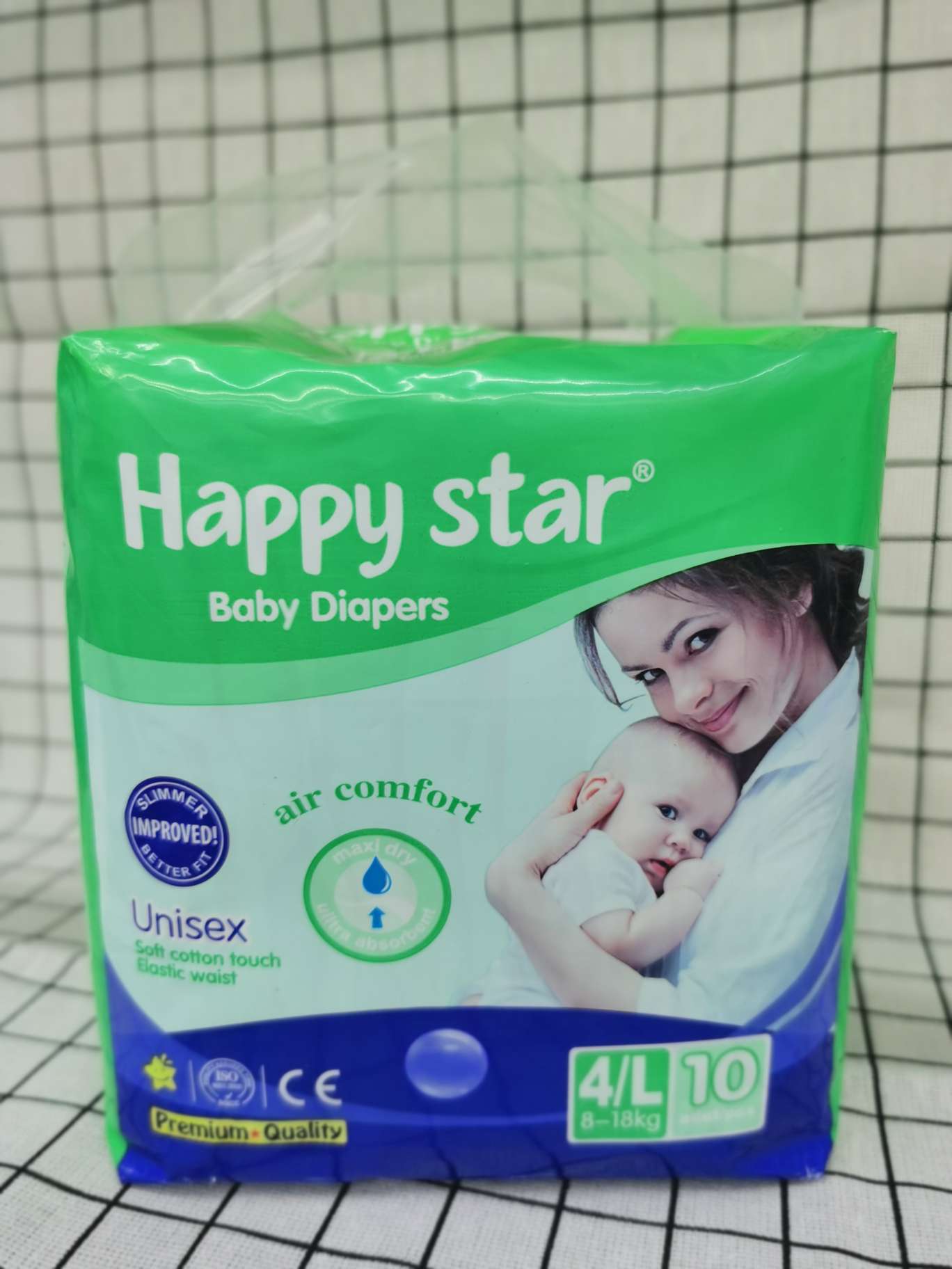 baby diapers: 
happy star:  
L :10pcs
24package/carton