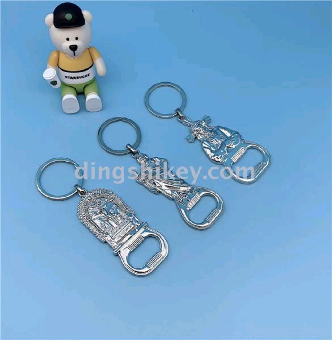 Zinc alloy bright nickel religious element bottle opener keychain details Picture