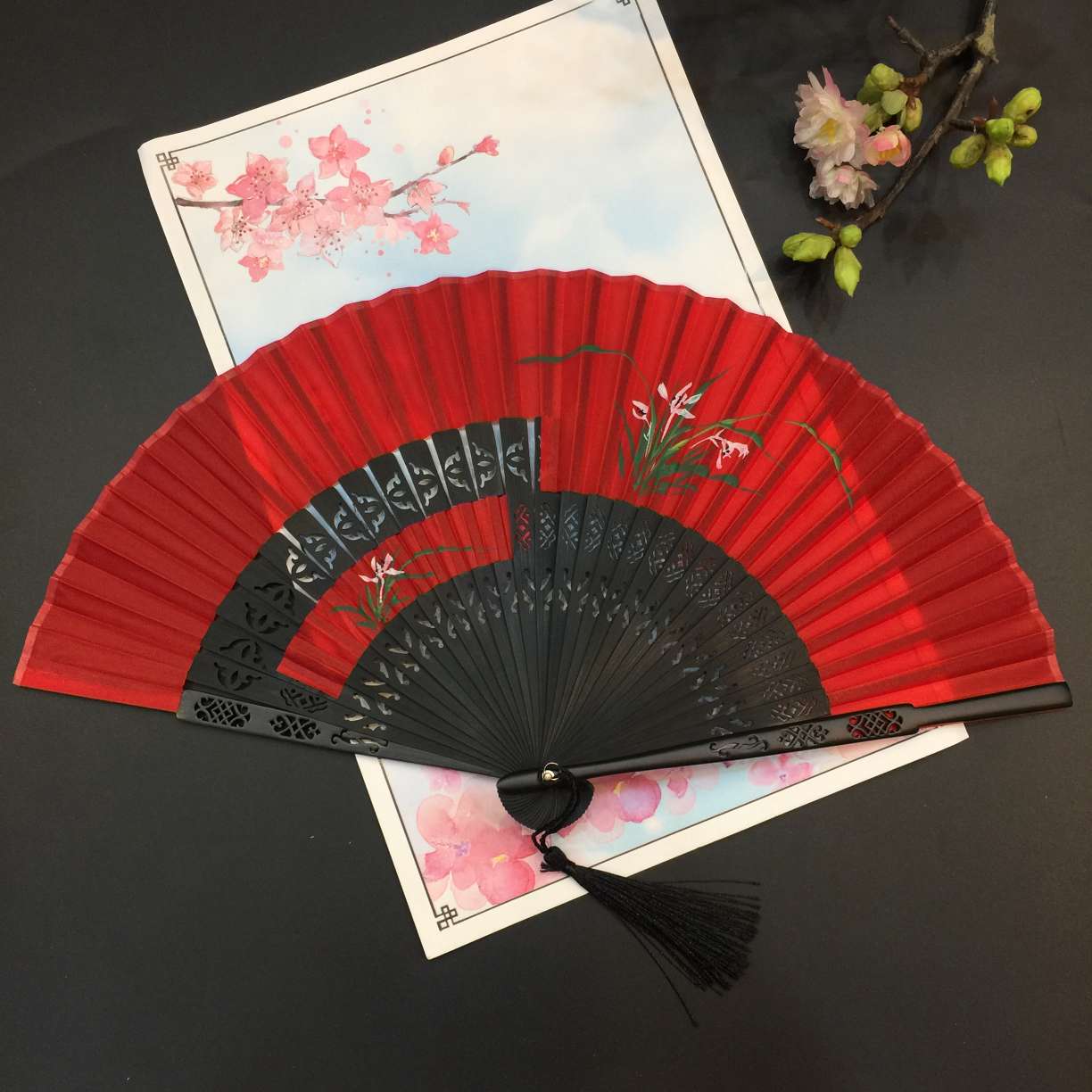 两节手绘扇