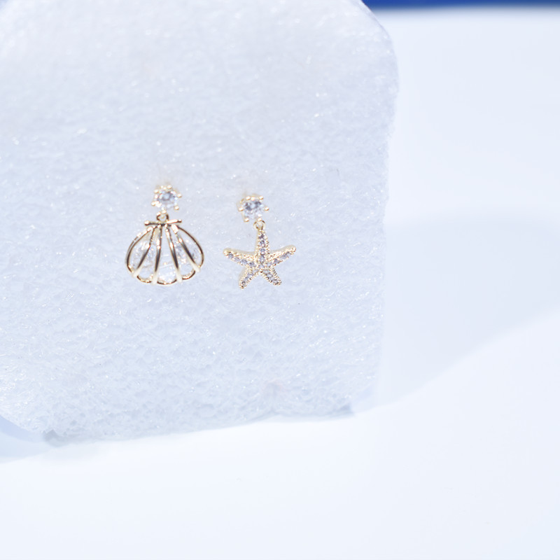 韩版小海星河蚌贝壳14K真金耳环超闪不对称百搭防过敏防褪色耳饰