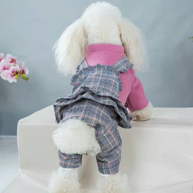 The new style is here! Pet baby overalls fake two-piece set! Monochrome clothes with plaid clothes suspenders skirt, wearing very good style! details Picture