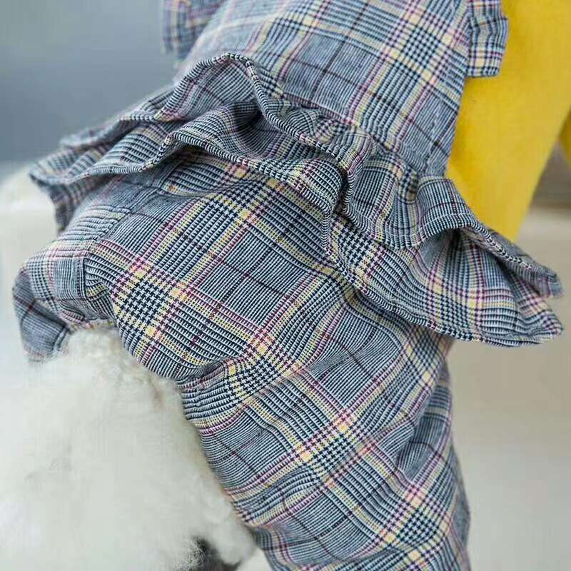 The new style is here! Pet baby overalls fake two-piece set! Monochrome clothes with plaid clothes suspenders skirt, wearing very good style! Specification drawing