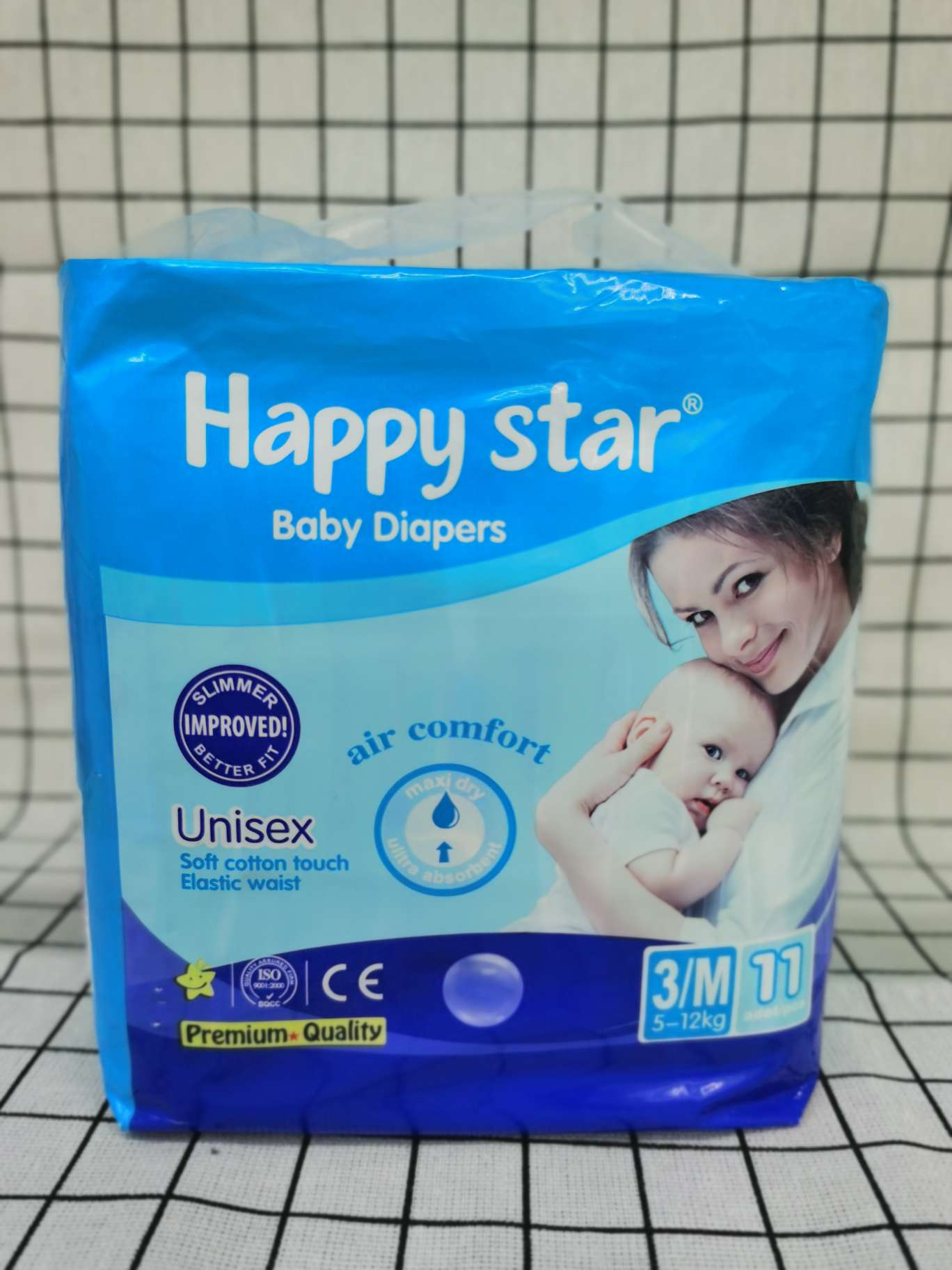 baby diapers: 
happy star:  
M:11pcs
24package/carton