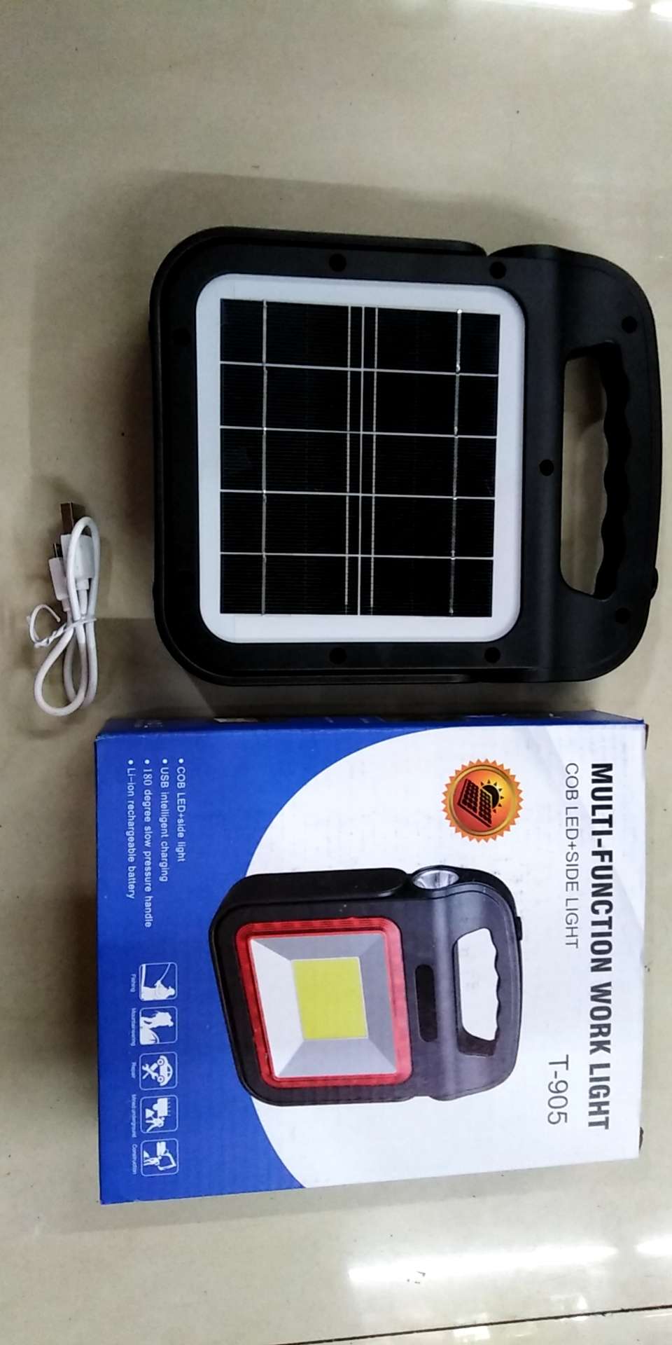 T一905太阳能工作灯，内置2节1200电池，uSB线充电，彩盒一件36PCS详情图7