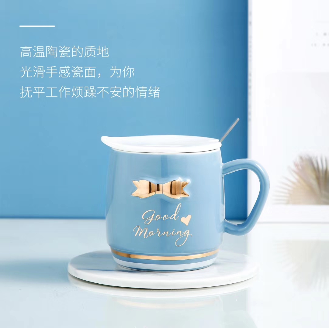 HY991 480ml embossed gilded bow Ceramic cup, glossy glazed Ceramic cup, Ceramic lid, stainless steel spoon Specification image