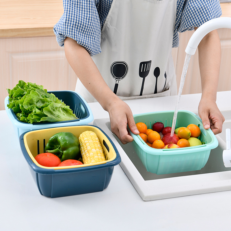 冰箱沥水篮双层家用厨房蔬菜水果带盖收纳篮塑料大号多功能收纳筐图