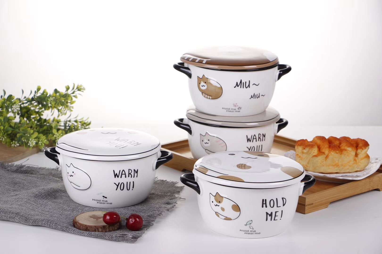 HY－877－1   可爱猫咪浮雕泡面碗  亮光色釉陶瓷碗 卡通陶瓷盖