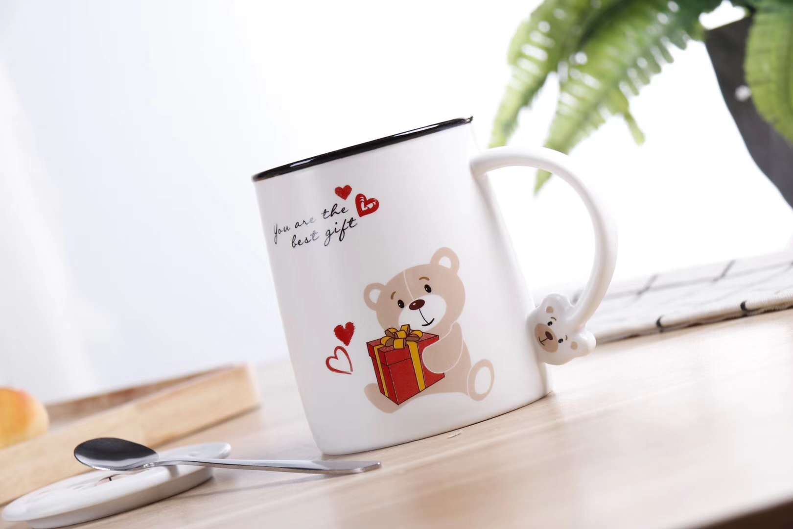 HY934 400ml Cute Bear Cartoon doll, Bear Ceramic Cup Matte Glazed Ceramic cup, Stainless steel spoon, Bear Ceramic Lid 8 Item Picture