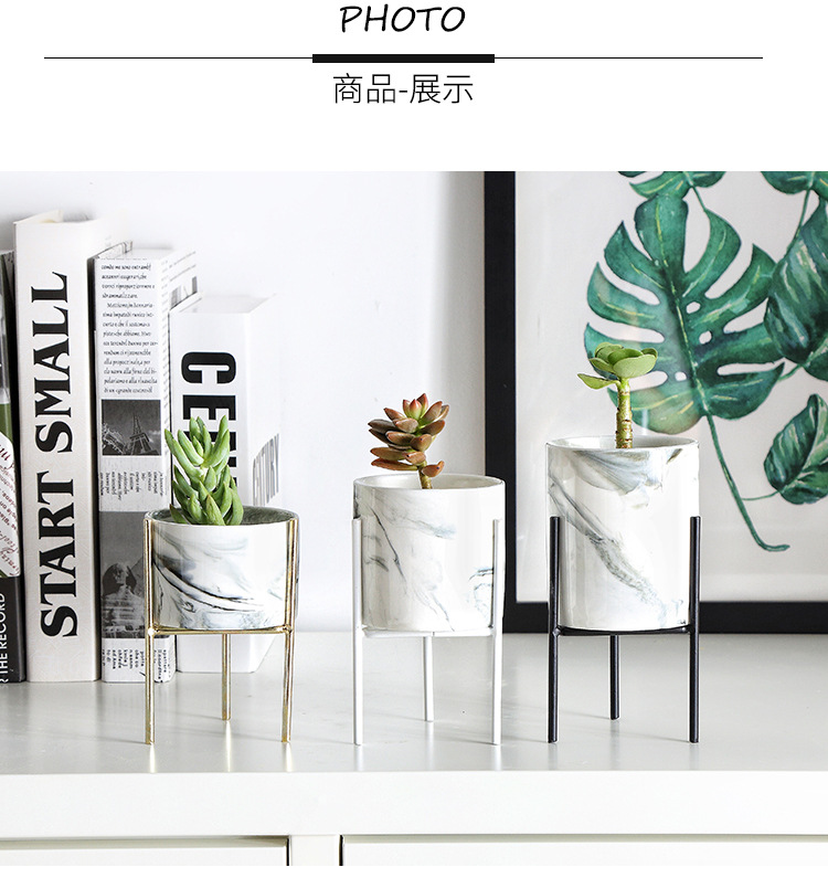 镀金铁艺多肉花盆 北欧简约铁架花瓶大理石陶瓷水培花盆绿植详情图8