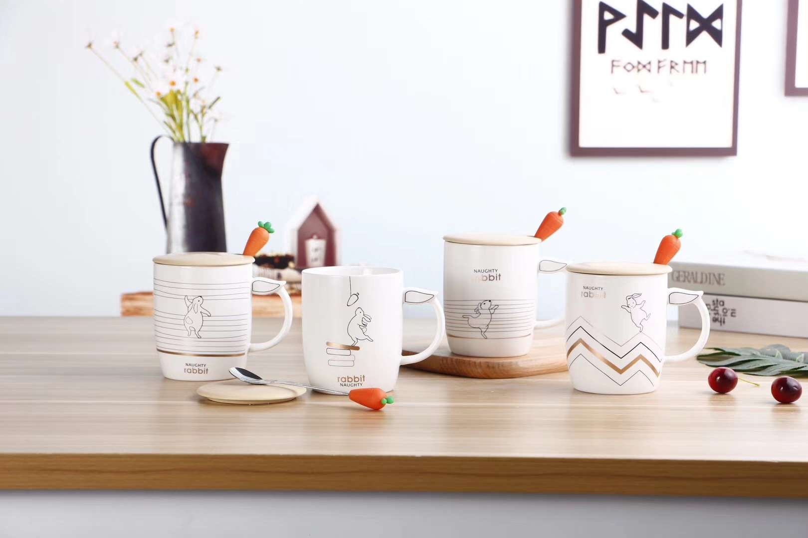 HY968 430ml Cute rabbit ceramic cup matte glaze ceramic cup Silica gel carrot stainless steel spoon ceramic cover thumbnail