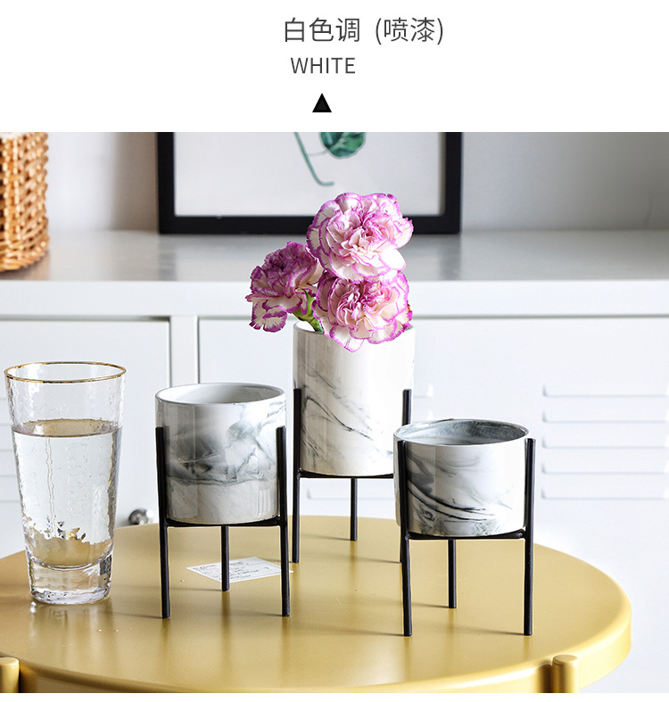镀金铁艺多肉花盆 北欧简约铁架花瓶大理石陶瓷水培花盆绿植产品图