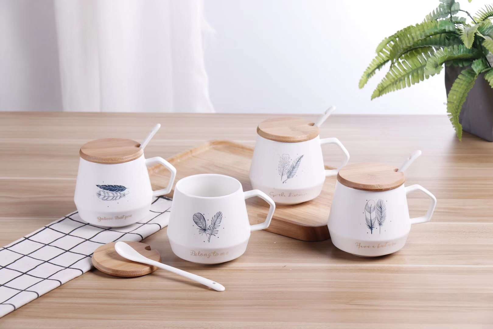 Hy947 Falling Feather Casual Cup Matte Glaze Ceramic Cup With Wooden Lid Ceramic Spoon Specification drawing